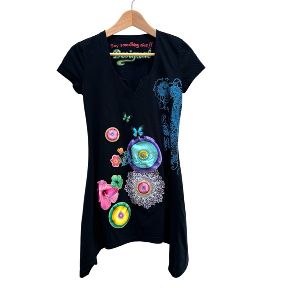 Desigual Y2K Sharkbite Hem Graphic Print Embellished Tunic Top Navy EU S US XS - Picture 4 of 11